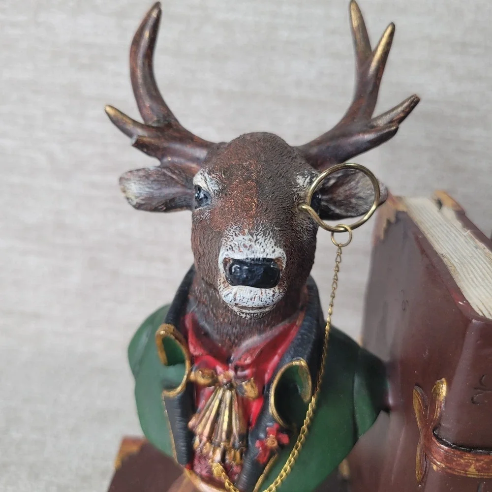 Noble Bookend Set of 2 Stag Deer Busts in Uniform with Monocle Glass Whimsy
